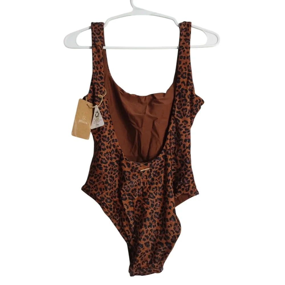 Berlook Leopard SquareNeck OnePiece Glitter Vacation Beach Resortwear Swimsuit S